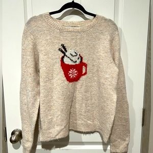 Cupcakes and Cashmere size M beige crewneck sweater with hot cocoa design.